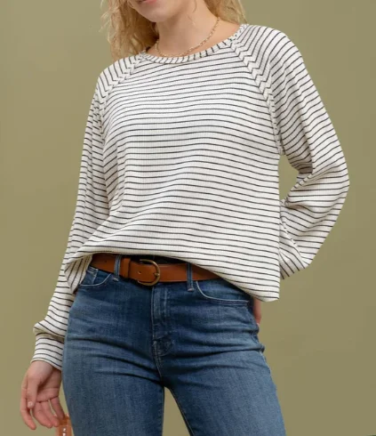 Striped Ribbed Long Raglan Slv Knit Top w Reverse Seams B4FT1074 Comfortable Knit Tee