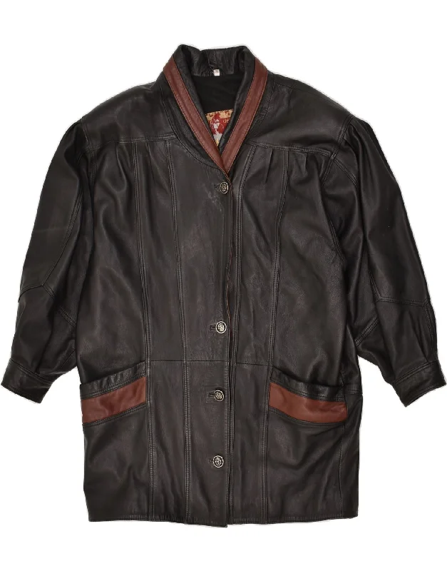 VINTAGE Womens Leather Coat UK 14 Medium Black Leather Knit Woven Fleece
