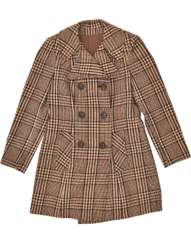 VINTAGE Womens Double Breasted Coat UK 8 Small Brown Check Hooded Caped Scarf