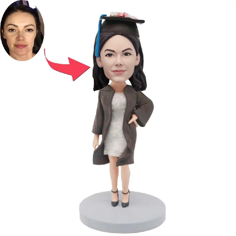 Custom Elegant Female Graduation Bobbleheads In Brown Coat And White Skirt Elasticated Drawstring Belted Custom Elegant Female Graduation Bobbleheads In Brown Coat And White Skirt Elasticated Drawstring Belted