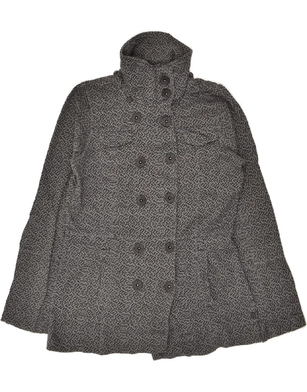 HURLEY Womens Pea Coat UK 6 XS Grey Cotton Houndstooth Coat Plaid Coat Tartan Coat