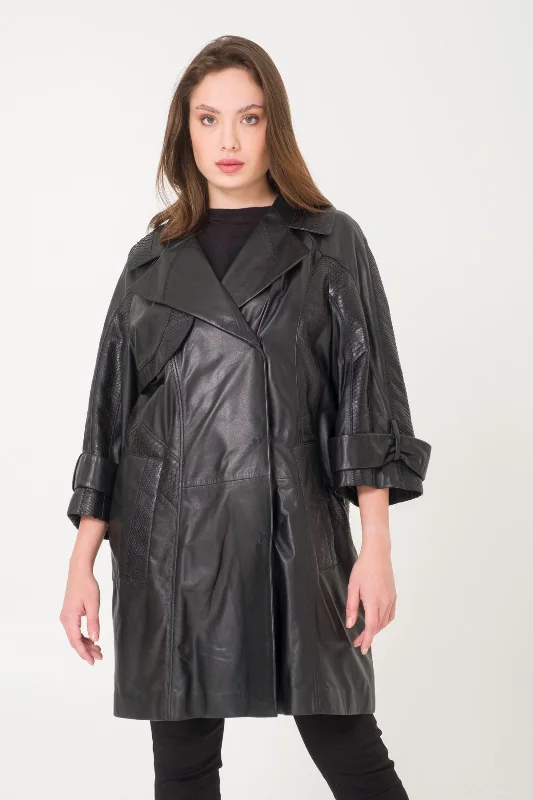 Black Leather Coat Chenille Brocade Lace