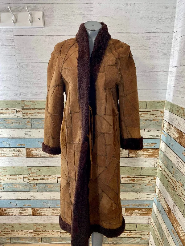 70s Brown Patchwork Shearling Coat Tailored Straight A-Line