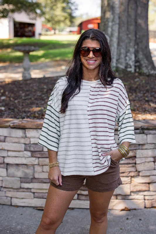 Striped Colorblock Cream Knit Top Round Neck Knit Blouse