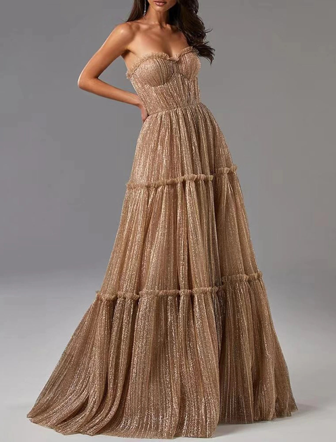 A-Line Evening Gown Glittering Dress Formal Wedding Guest Floor Length Sleeveless Strapless Tulle with Pleats A-Line Evening Gown Glittering Dress Formal Wedding Guest Floor Length Sleeveless Strapless Tulle with Pleats