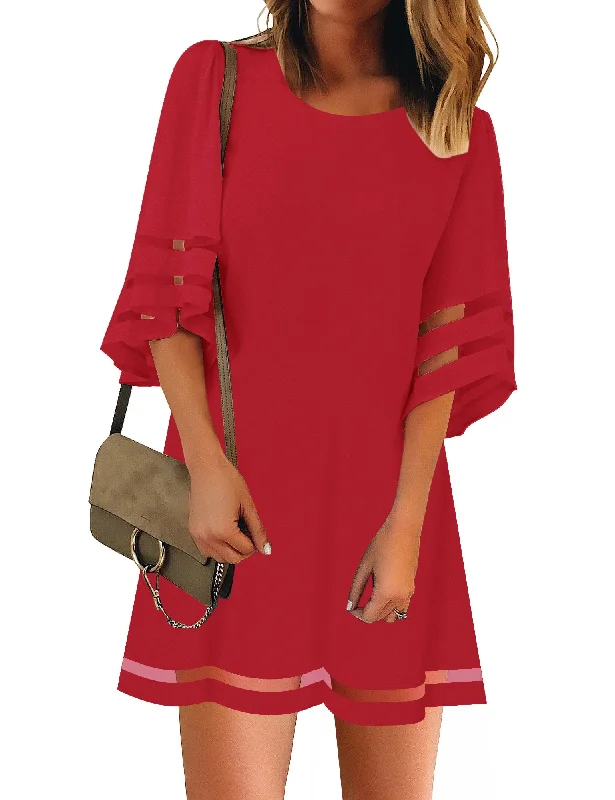 True Red Women Casual Crewneck Mesh Panel 3/4 Bell Sleeve Loose Tunic Dress
