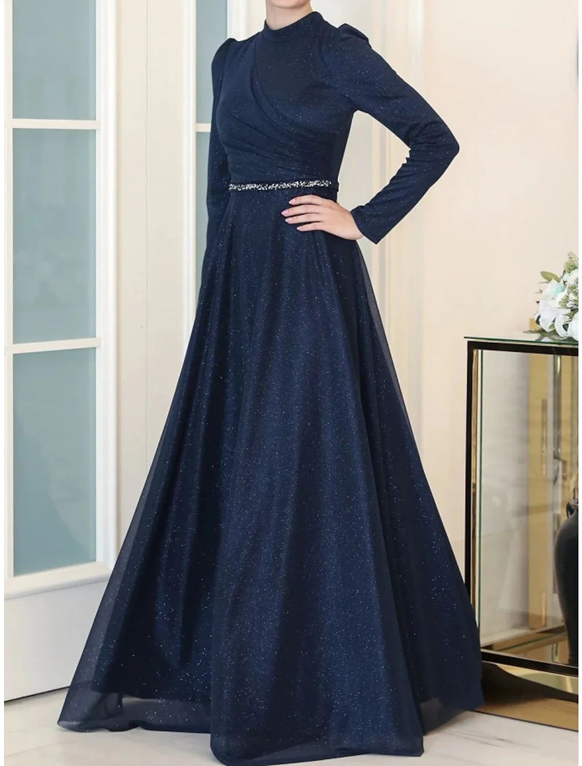 A-Line Evening Gown Elegant Dress Formal Floor Length Long Sleeve High Neck Lurex Fabric with Rhinestone Pleats Ruched A-Line Evening Gown Elegant Dress Formal Floor Length Long Sleeve High Neck Lurex Fabric with Rhinestone Pleats Ruched