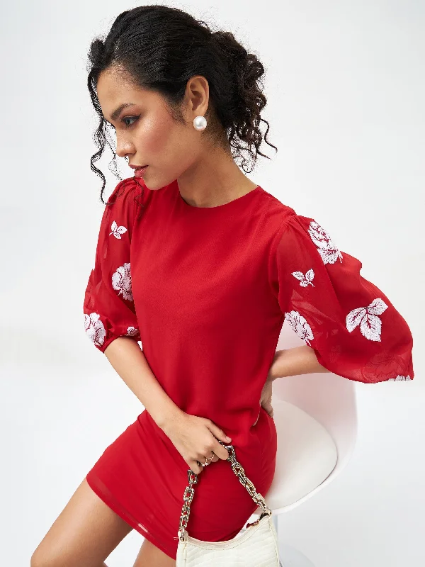 Lyush Women Red Floral Embroidered Puff Sleeves Dress