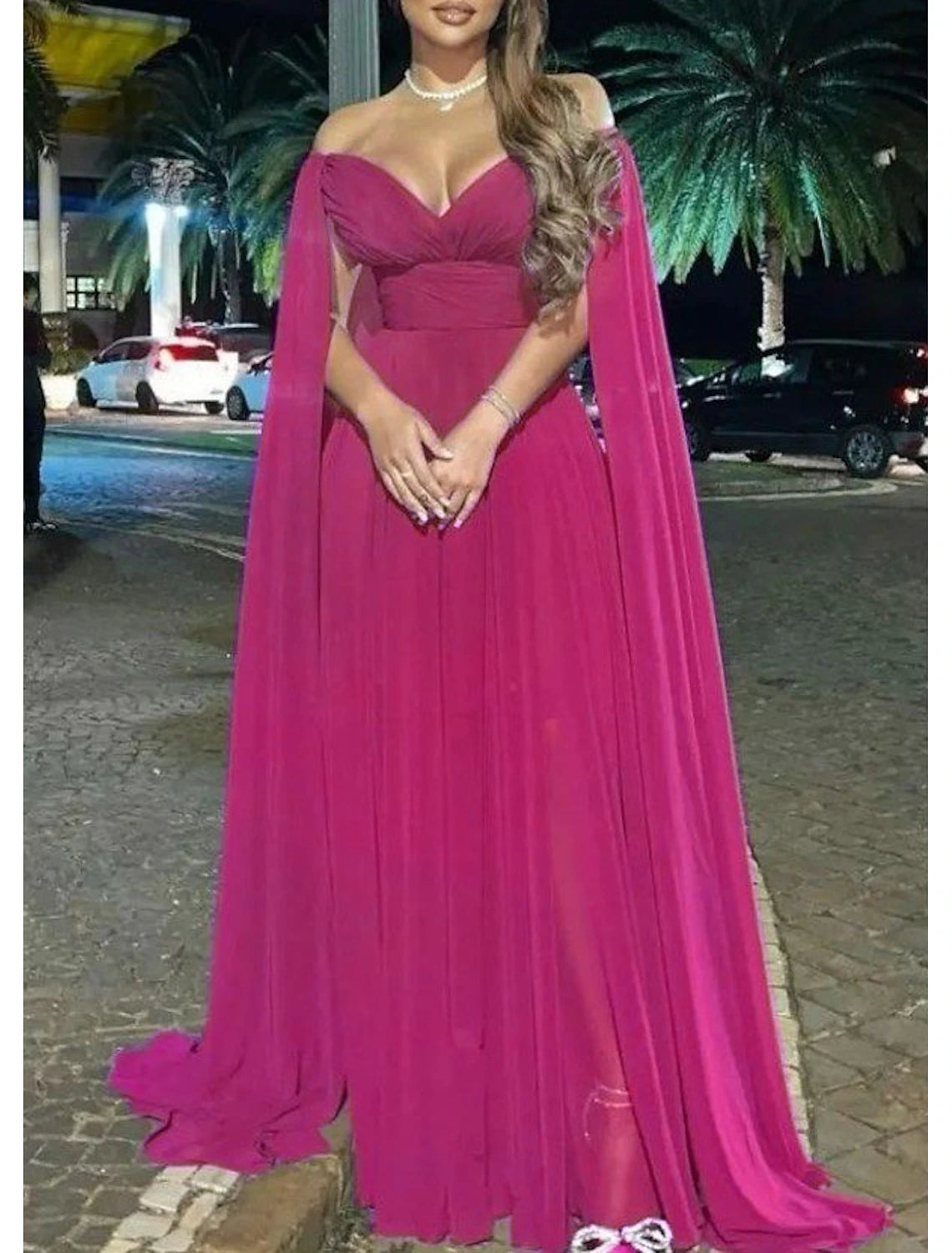 A-Line Evening Gown Elegant Dress Formal Wedding Party Sweep / Brush Train Sleeveless Off Shoulder Capes Chiffon with Pleats A-Line Evening Gown Elegant Dress Formal Wedding Party Sweep / Brush Train Sleeveless Off Shoulder Capes Chiffon with Pleats