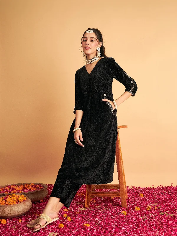 Lyush Women Black Velvet Embroidered Pocket Anarkali Dress