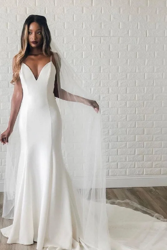 Plunging Neckline Simple Wedding Gown Dress Open Back