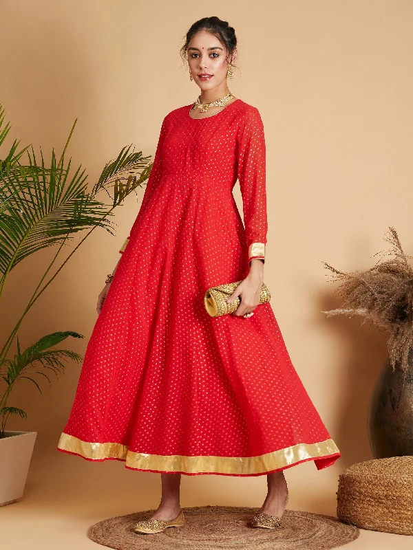 Lyush Women Red Dot Foil Print Anarkali Dress