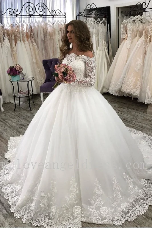 Off-the-shoulder Lace Long Sleeves Bridal Dresses Pakistani