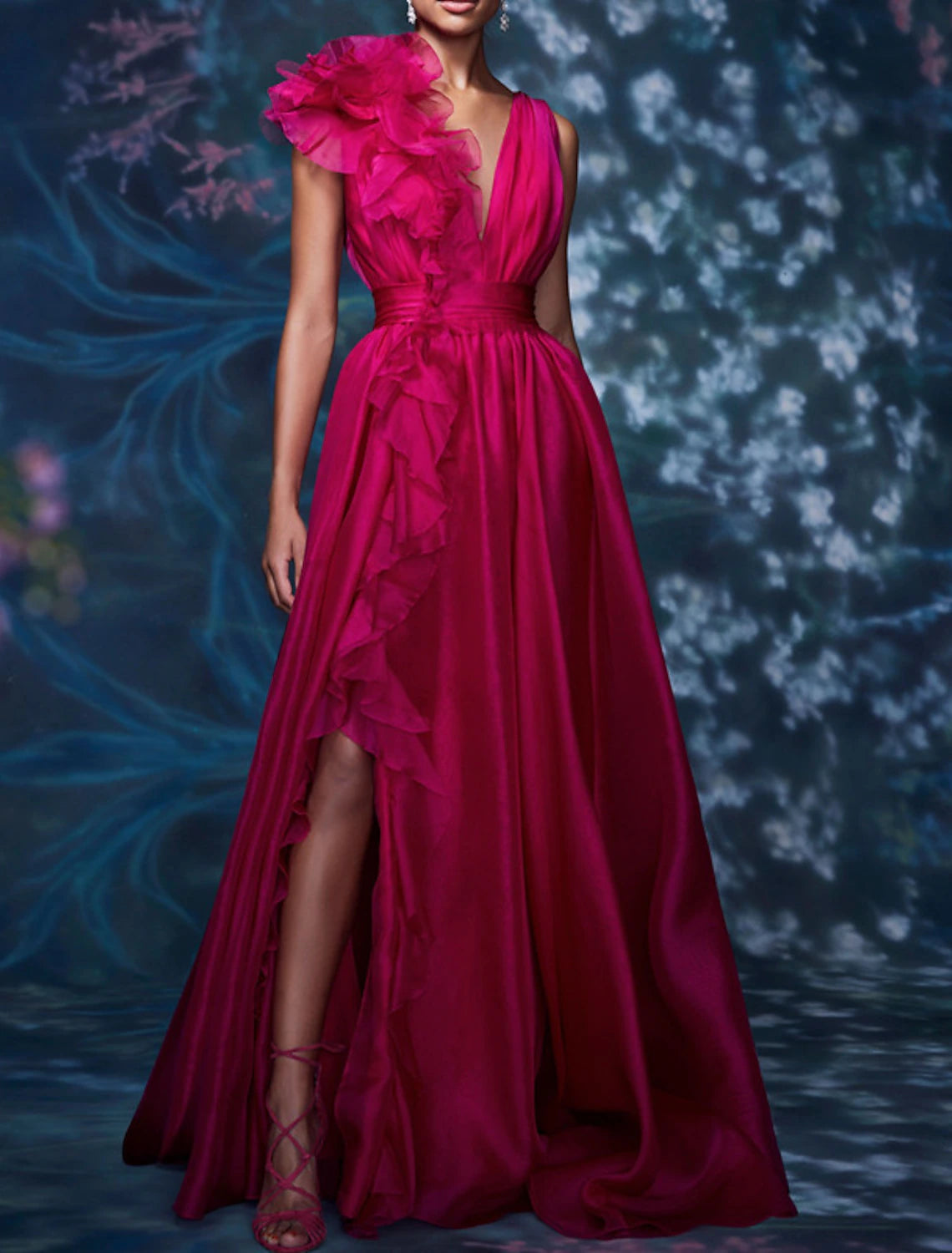 A-Line Evening Gown Celebrity Style Dress Christmas Red Green Dress Formal Wedding Guest Floor Length Sleeveless V Neck Chiffon with Slit Pure Color A-Line Evening Gown Celebrity Style Dress Christmas Red Green Dress Formal Wedding Guest Floor Length Sleeveless V Neck Chiffon with Slit Pure Color