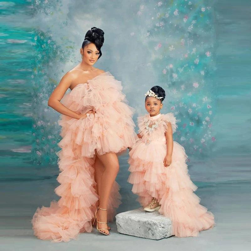 Puffy Hi-Low Tulle Dresses for Mother and Daughter Photoshoots