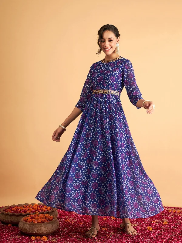 Lyush Women Royal Blue & White Bandhej Anarkali Dress