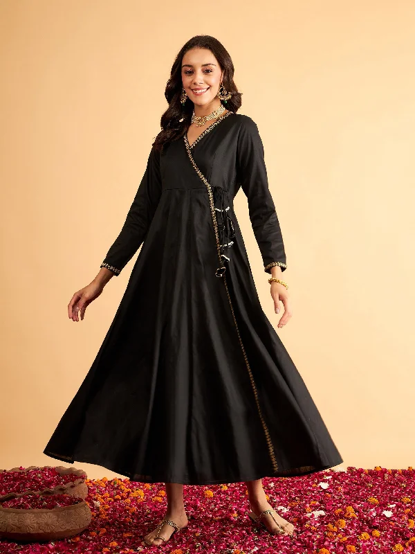 Lyush Women Black Angrakha Anarkali Dress With Slip