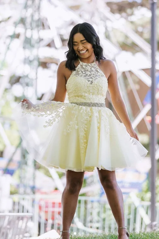 Yellow Tulle Lace Short Prom Dress Beading A Line Homecoming Dress DMP41
