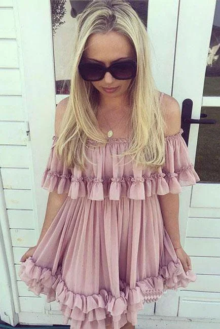 Cute Chiffon Pnk Short Prom Dress, Off the Shoulder Homecoming Dress DMP58