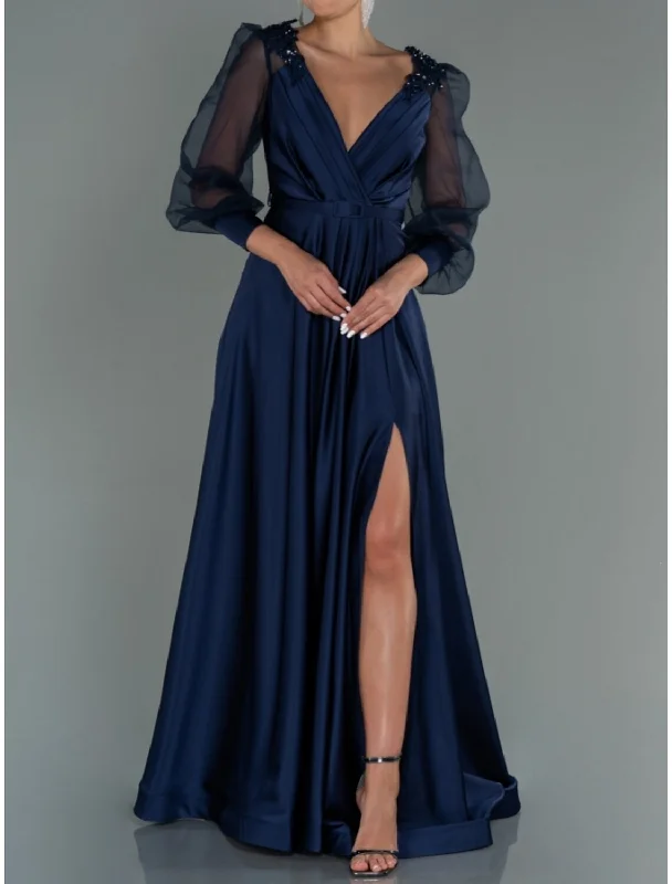 A-Line Evening Gown Elegant Dress Formal Fall Floor Length Long Sleeve V Neck Satin with Pleats Slit Shouder Flower A-Line Evening Gown Elegant Dress Formal Fall Floor Length Long Sleeve V Neck Satin with Pleats Slit Shouder Flower