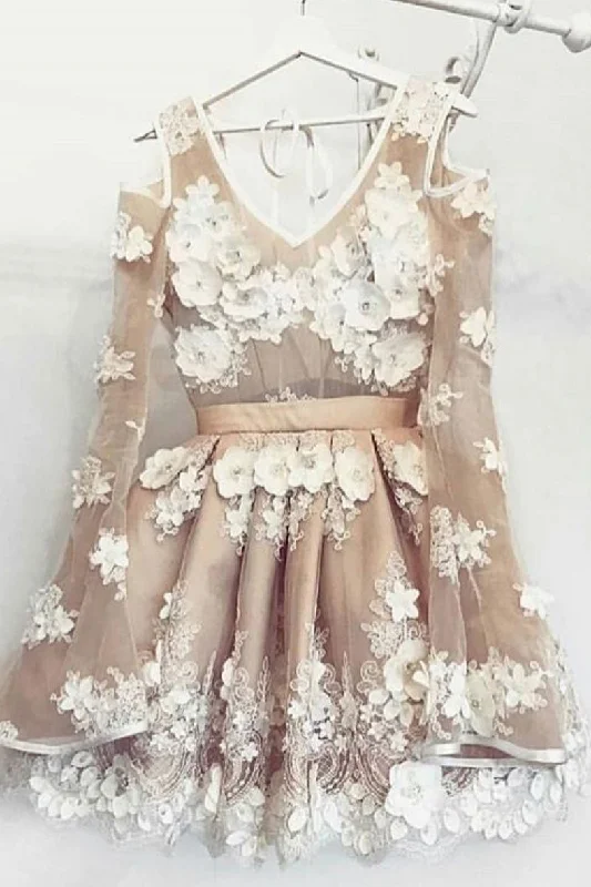 Unique Tulle Lace Short Prom Dress, Long Sleeves Homecoming Dress DMP29