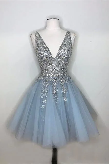 Sparkly A-line Deep V-neck Light Blue Short Homecoming Dresses DMO64
