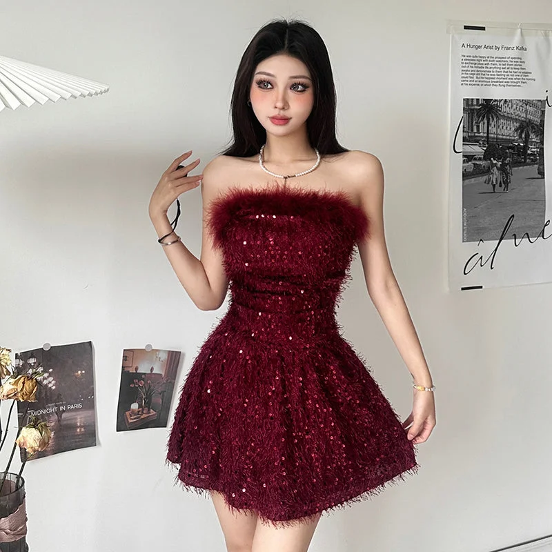 Premium sequin bandeau dress women's pleated waist shows thin babes short skirt autumn LL-686 Premium sequin bandeau dress women's pleated waist shows thin babes short skirt autumn LL-686