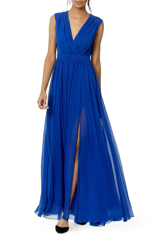 Royal Blue Chiffon Evening Formal Dress with Covered Back