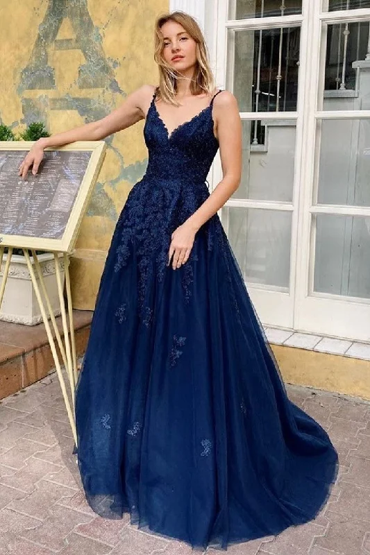 Royal Blue Tulle Appliques Prom Dresses with Double Straps