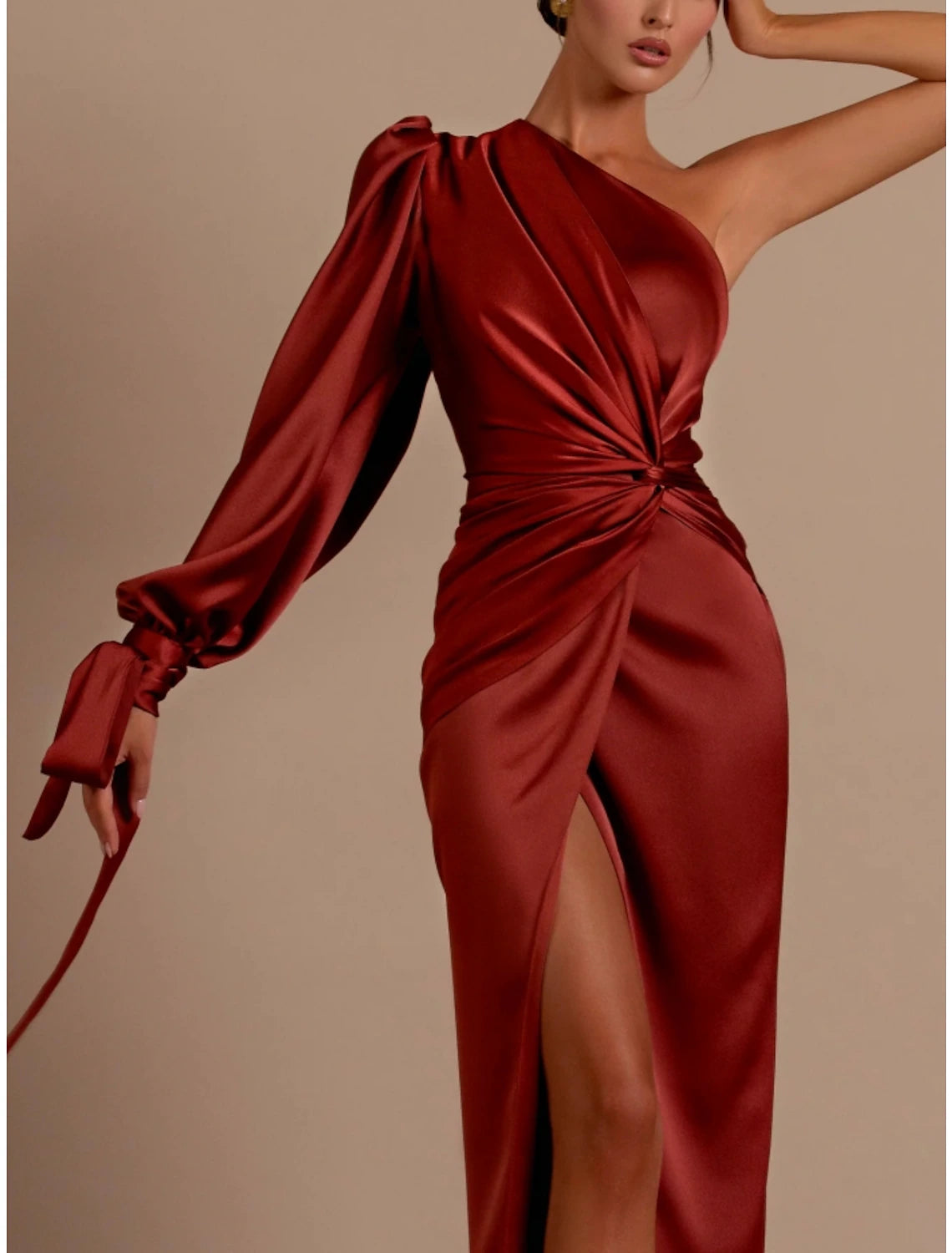 A-Line Evening Gown Elegant Dress Formal Sweep / Brush Christmas Red Green Dress Train Long Sleeve One Shoulder Satin with Feather Ruched Strappy A-Line Evening Gown Elegant Dress Formal Sweep / Brush Christmas Red Green Dress Train Long Sleeve One Shoulder Satin with Feather Ruched Strappy