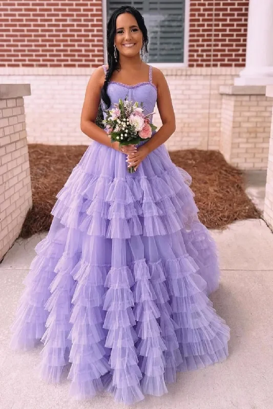 Tiered Ruffle Tulle Prom Dress Beaded Evening Dresses