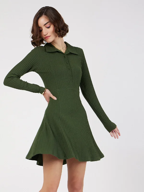 Lyush Women Olive Rib Polo Neck Skater Dress