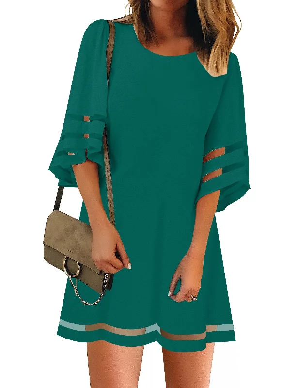 Evergreen Women Casual Crewneck Mesh Panel 3/4 Bell Sleeve Loose Tunic Dress