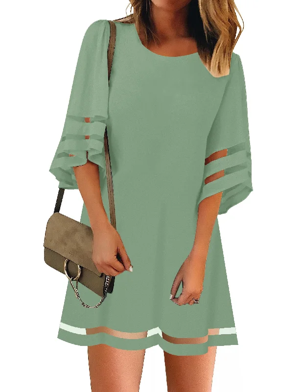 Granite Green Women Casual Crewneck Mesh Panel 3/4 Bell Sleeve Loose Tunic Dress