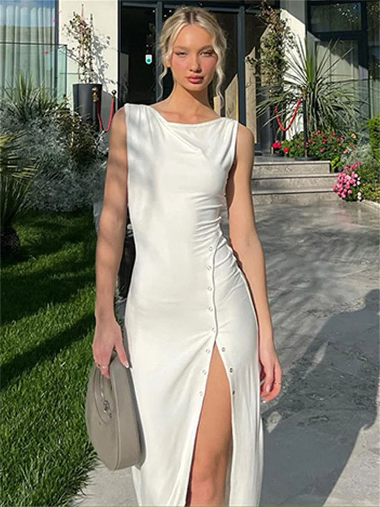 FashionSierra - Summer White High Waist Patchwork Women's Party High Split Solid Fashion Casual Dress FashionSierra - Summer White High Waist Patchwork Women's Party High Split Solid Fashion Casual Dress