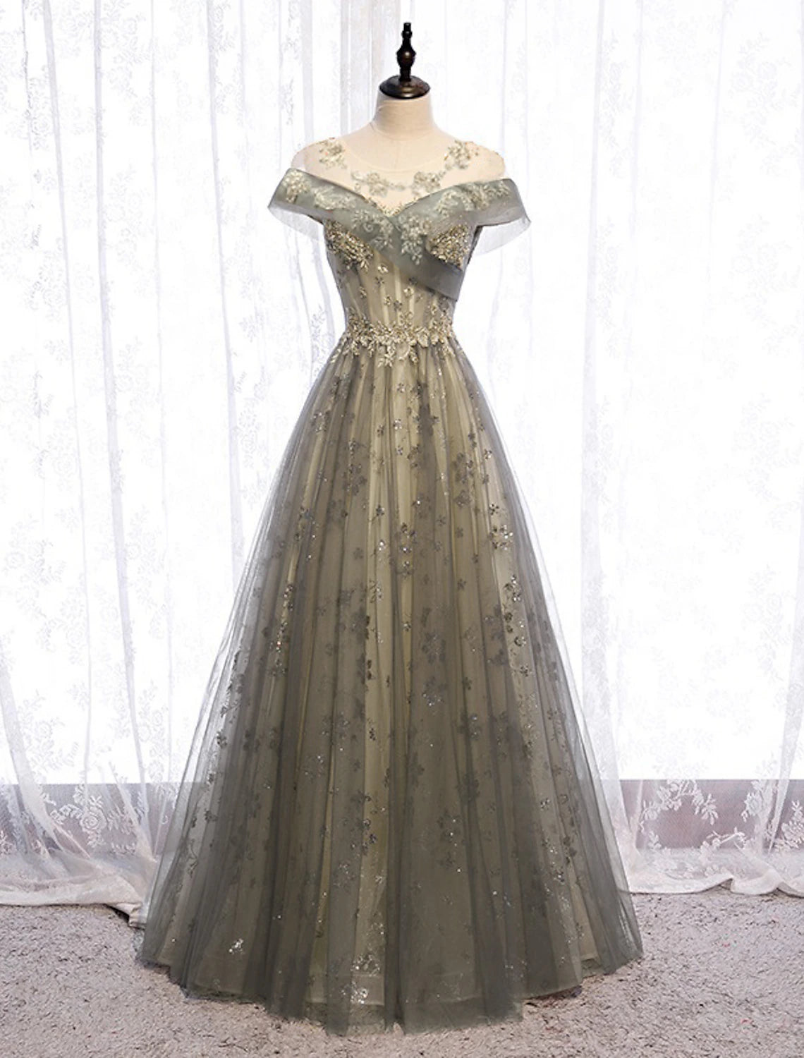 A-Line Evening Gown Floral Dress Wedding Guest Engagement Floor Length Short Sleeve Illusion Neck Tulle with Pleats A-Line Evening Gown Floral Dress Wedding Guest Engagement Floor Length Short Sleeve Illusion Neck Tulle with Pleats