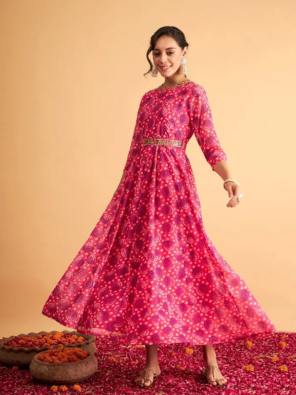 Lyush Women Fuchsia & Blue Bandhej Anarkali Dress