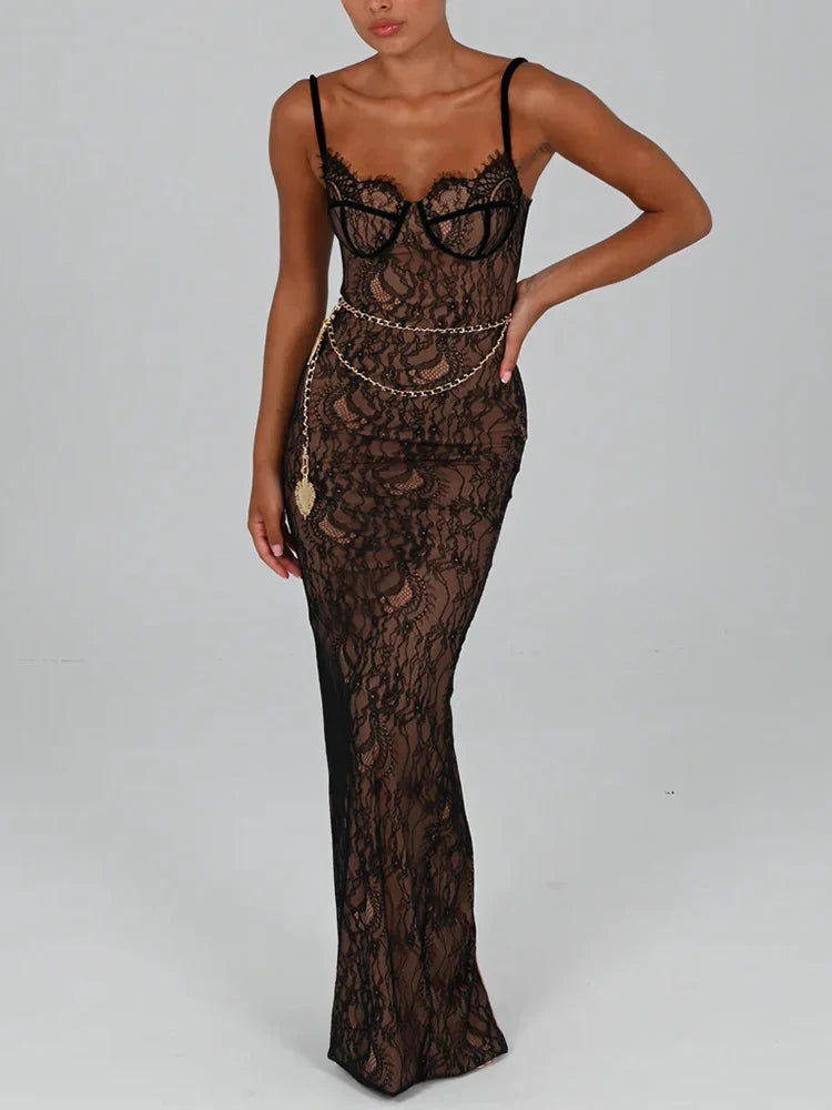 FashionSierra Lace Maxi Sleeveless Bodycon Evening Floral Dress