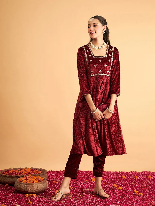 Lyush Women Maroon Velvet Embroidered Anarkali Dress