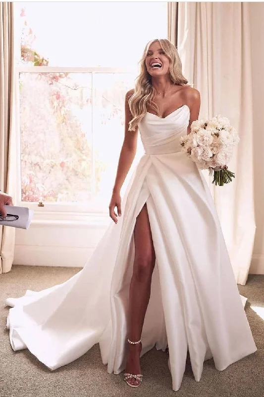 Ruching Strapless Satin Bridal Dress with Leg Slit