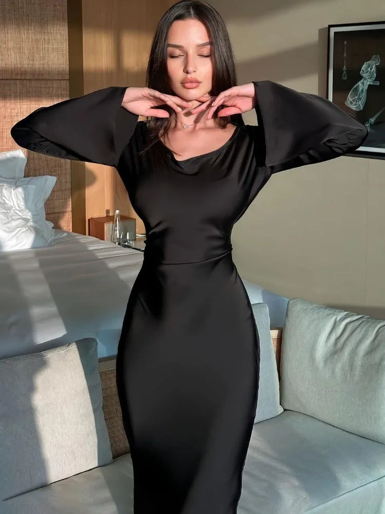 FashionSierra - Black Satin Bandage Slin High Waist Fashion Patchwork Long Sleeve Ladies Gown New Casual Dress FashionSierra - Black Satin Bandage Slin High Waist Fashion Patchwork Long Sleeve Ladies Gown New Casual Dress