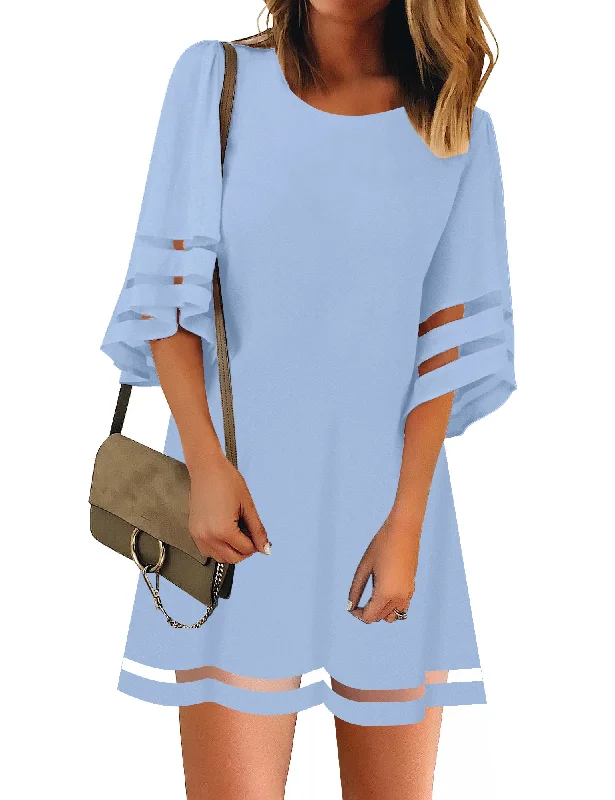 Powder Blue Women Casual Crewneck Mesh Panel 3/4 Bell Sleeve Loose Tunic Dress