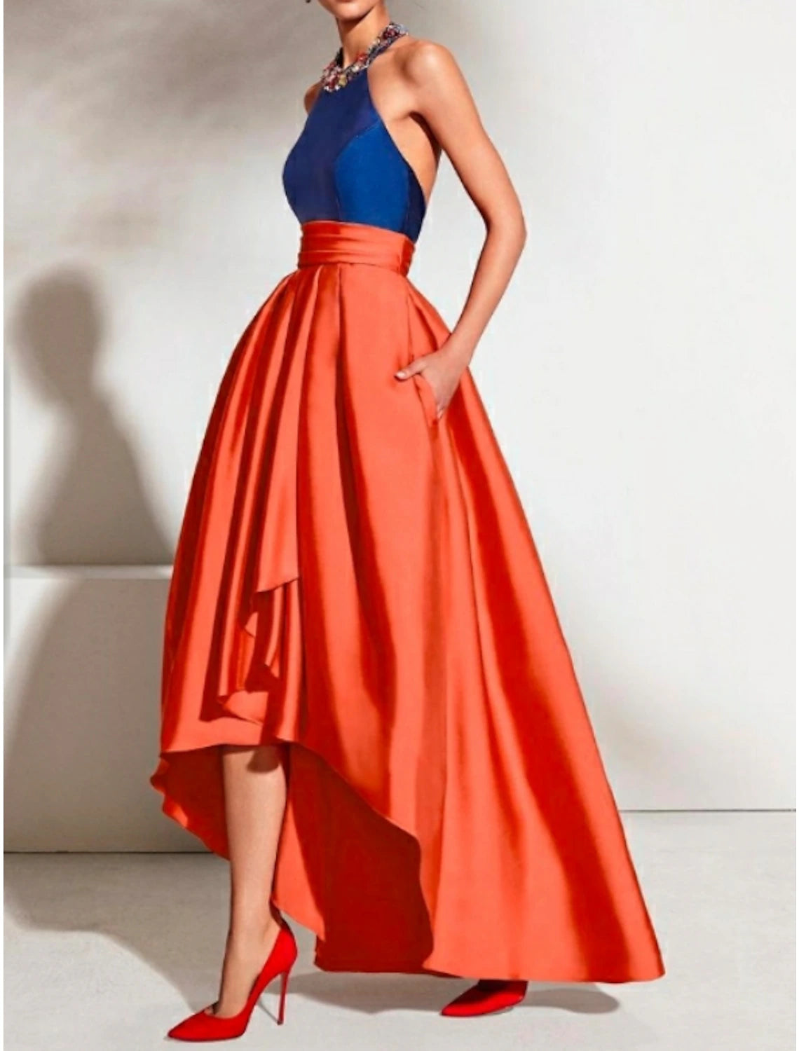 A-Line Prom Dresses Color Block Dress Wedding Guest Formal Evening Asymmetrical Sleeveless Halter Neck Satin with Pleats A-Line Prom Dresses Color Block Dress Wedding Guest Formal Evening Asymmetrical Sleeveless Halter Neck Satin with Pleats