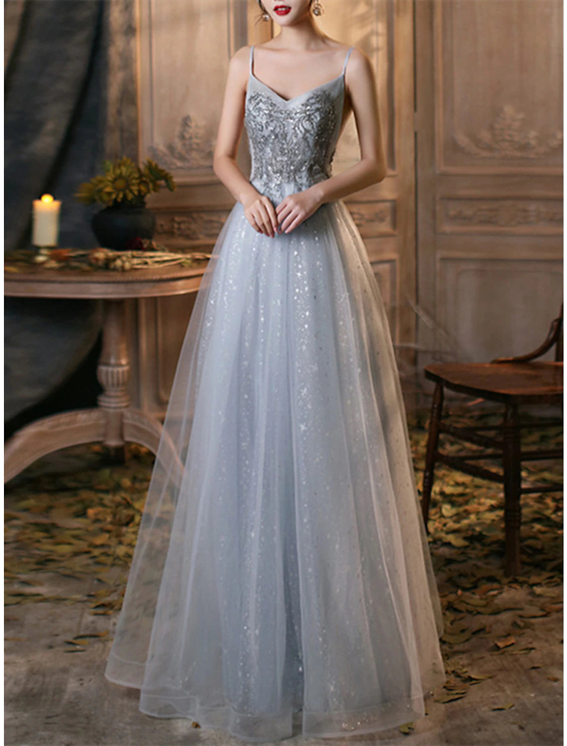 A-Line Sparkle Elegant Prom Formal Evening Dress V Neck Sleeveless Floor Length Tulle with Pleats Beading A-Line Sparkle Elegant Prom Formal Evening Dress V Neck Sleeveless Floor Length Tulle with Pleats Beading