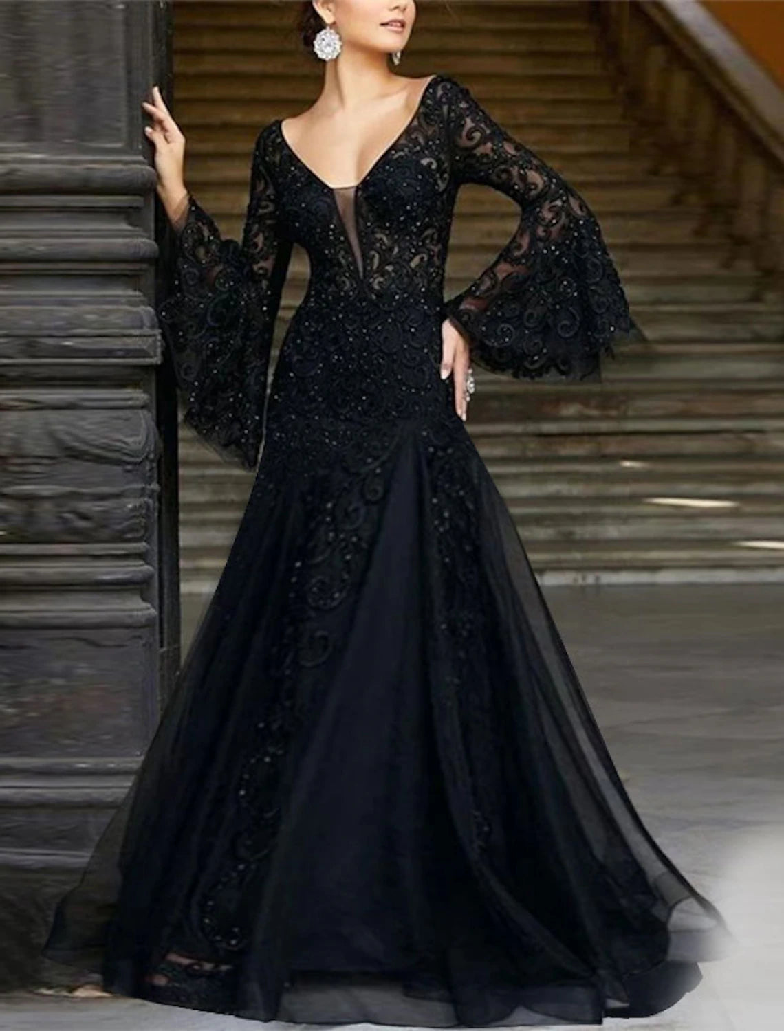 A-Line Evening Gown Black Dress Vintage Formal Wedding Guest Floor Length Long Sleeve V Neck Lace with Appliques A-Line Evening Gown Black Dress Vintage Formal Wedding Guest Floor Length Long Sleeve V Neck Lace with Appliques