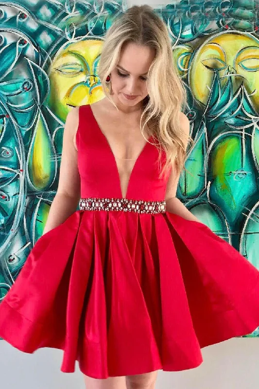 Red Short Homecoming Dresses with Jeweled Waist