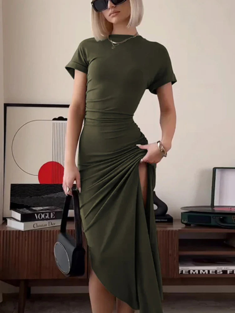 FashionSierra - Women's O Neck Short Sleeve Slim High Waist Shirring Sexy Side Slit Evening Club Bodycon Lady Casual Dress FashionSierra - Women's O Neck Short Sleeve Slim High Waist Shirring Sexy Side Slit Evening Club Bodycon Lady Casual Dress