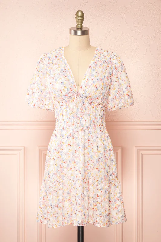 Kinnia | Short Floral Dress w/ Ruched Waist
