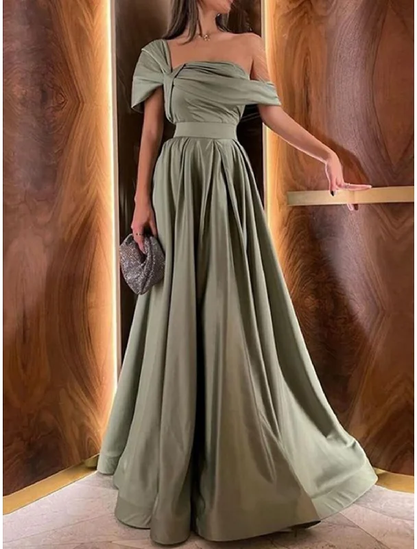 A-Line Evening Gown Elegant Dress Formal Floor Length Christmas Red Green Dress Short Sleeve Off Shoulder Satin with Pleats Ruched A-Line Evening Gown Elegant Dress Formal Floor Length Christmas Red Green Dress Short Sleeve Off Shoulder Satin with Pleats Ruched