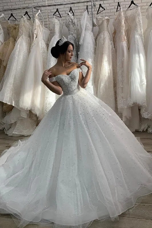 Off-the-shoulder Pearls Bride Dress with Cathedral Tail